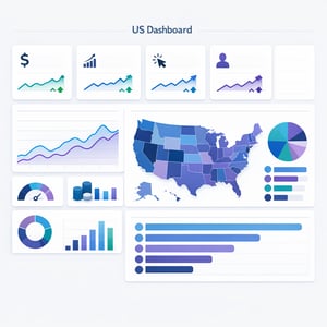 Clean dashboard interface showing US paid media campaign performance with clear metrics and regional targeting data